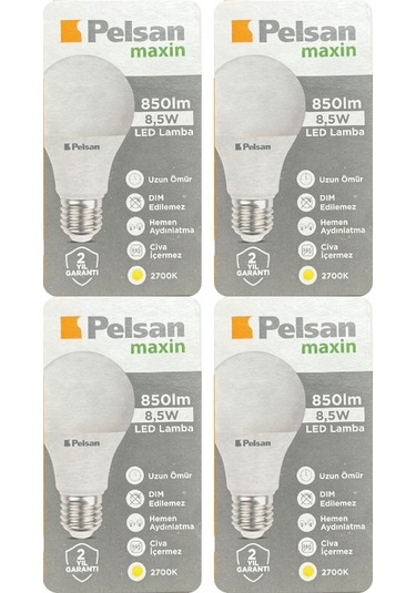 4 Adet Pelsan 8,5w 2700k Sarı Işık E27 Duylu Kalın Duy Led Ampul