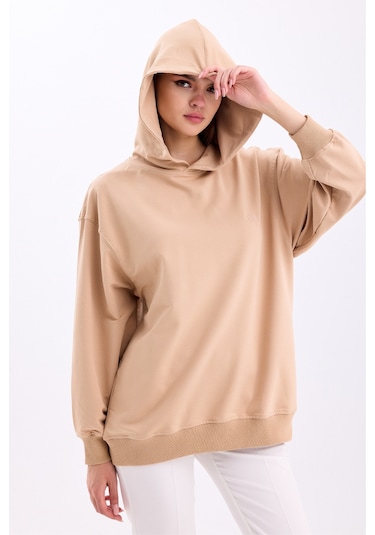 Pastelastore Pamuklu Kapüşonlu 2 İplik Baharlık Oversize Sweatshirt Bej