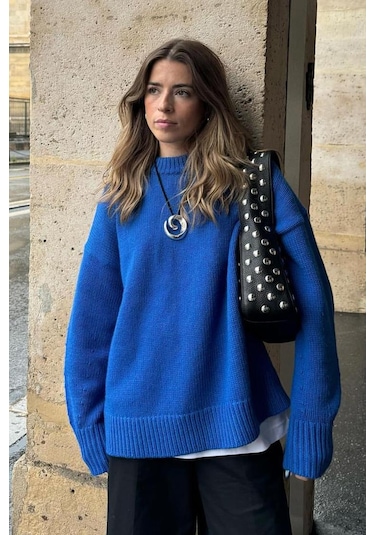 Saks Bisiklet Yaka Oversize Triko Kazak Mg1972 Saks