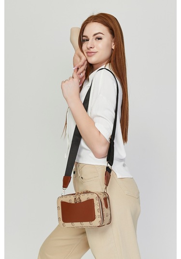 Morpelikan Bej Monogram İki Bölmeli Kadın Omuz Çantası Bej