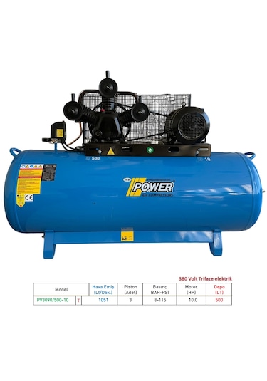 Power PV3090/500-10 500 L 10 HP 8 Bar Döküm Kafa Kompresör