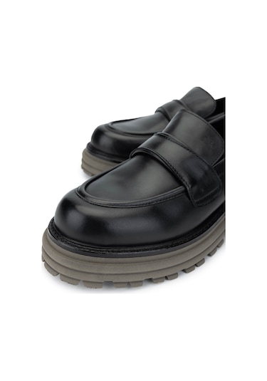 Tamer Tanca Kadın Hakiki Deri Siyah Loafer Ayakkabı 33 7501 Bn Ayk Sk23/24 Sıyah Dr/grı Siyah