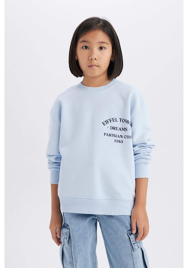 DeFacto Kız Çocuk Relax Fit Bisiklet Yaka Baskılı Sweatshirt D8546A825SPBE745 Mavi DeFacto Kız Çocuk Relax Fit Bisiklet Yaka Baskılı Sweatshirt D8546A825SPBE745 Mavi