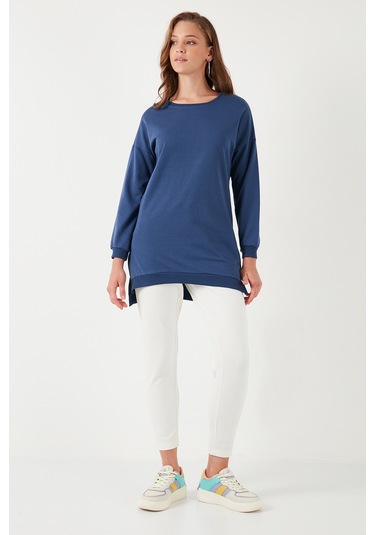 Lela Modest Pamuklu Bisiklet Yaka Oversize Fit Bayan Tunik 5864896 Indigo