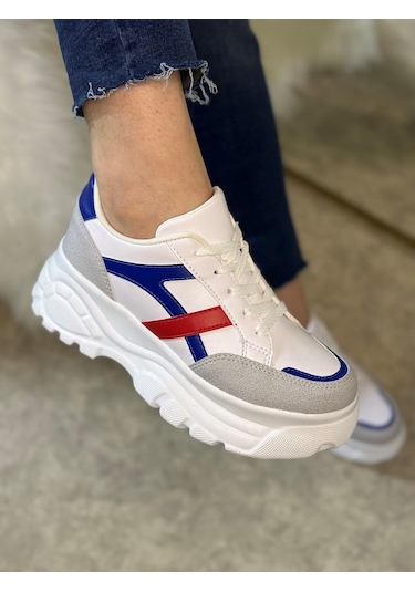 Günlük Kadın Sneaker Kalın Yüksek Taban Bağcıklı Rahat Tiger Şeritli Spor Ayakkabı 032 10-taş Saks Mavi Kırmızı