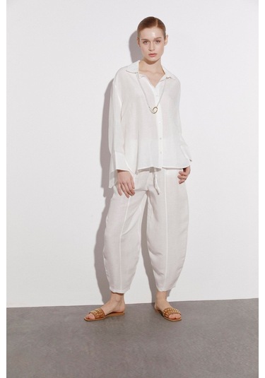 Kadın Keten Gömlek Pantolon Takım Beyaz