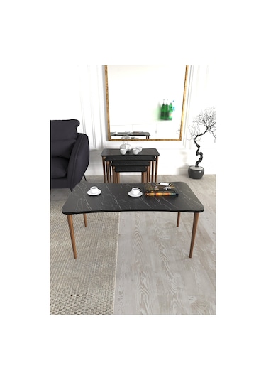 Aleyna 5li Orta Sehpa ve Zigon Sehpa Ahşap Ayaklı – Siyah Mermer