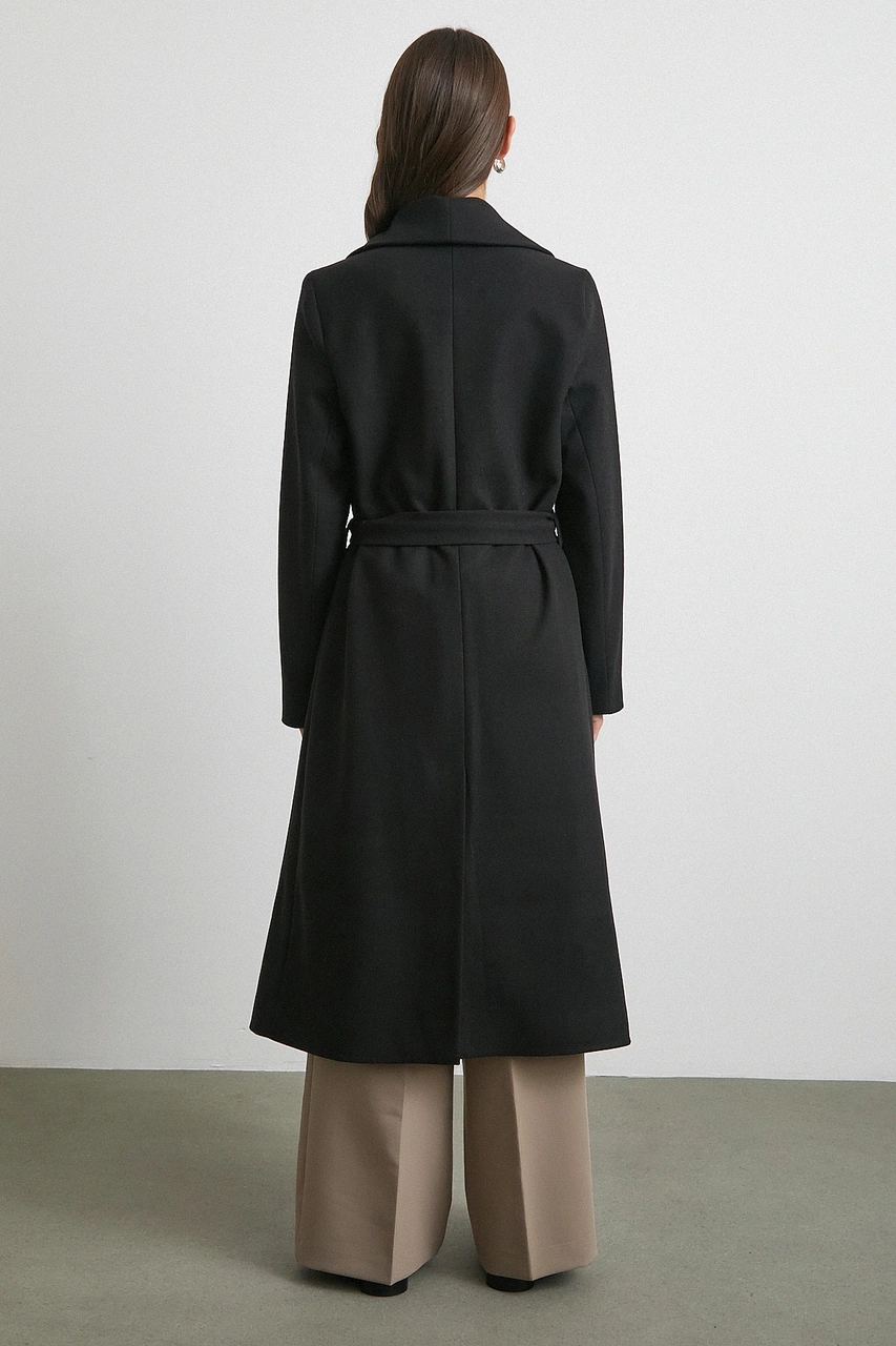 Kuşaklı Kaşe Kaban Siyah Siyah