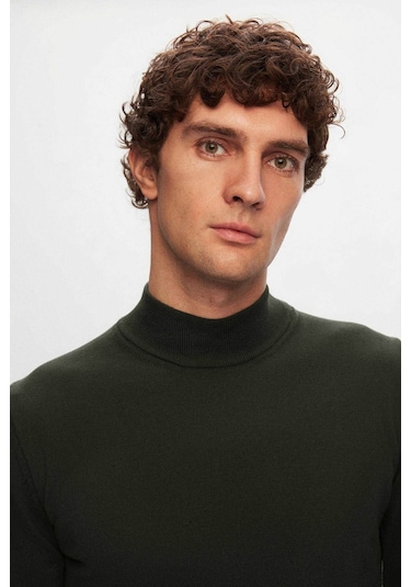 D's Damat Regular Fit Haki Pamuk Karışımlı Yarım Balıkçı Triko Kazak Haki