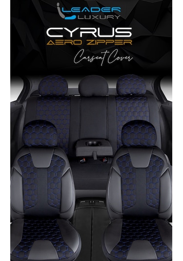 Peugeot 306 Uyumlu Deri Detaylı Oto Koltuk Kılıfı Ön Arka Takım Cyrus Siyah Mavi