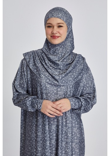 Pratik Tek Parça Çiçek Desenli Namaz Elbisesi Füme