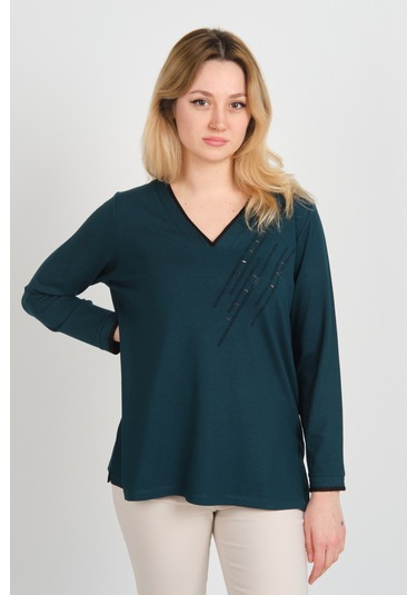 Detay Triko Kadın V Yaka Taş İşlemeli Uzun Kol Anne Bluz 5751 Yeşil Yeşil