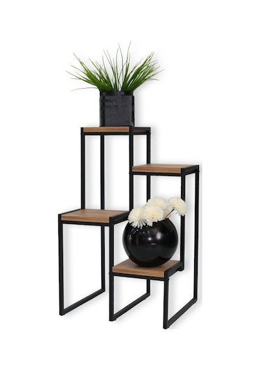 Metal Saksılık 4 Ahşap Raflı Dekoratif Saksı Standı Garden Çam