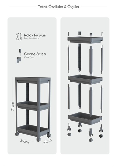 3 Katlı Banyo Raf Ünitesi, Banyo Düzenleyici, Şampuanlık, Gri