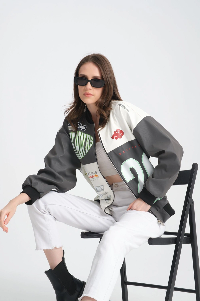 Kadın Oversize Baskılı Deri Motorcu Montu Fermuarlı Yarışçı Ceket Astarlı Bomber Kolej Mont Gri