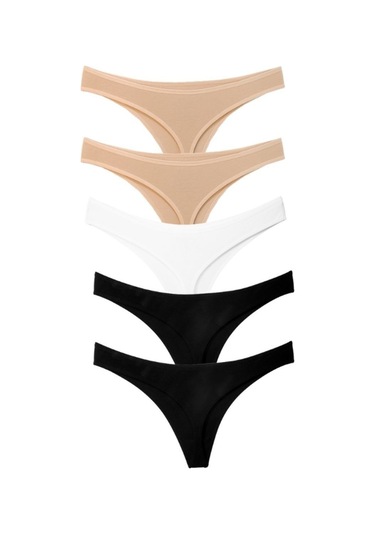 Alya Underwear Kadın Pamuklu Tanga Külot - 2 Siyah, 1 Beyaz, 2 Ten S, M, L, Xl, 2xl - 5 Adet Renkli P02