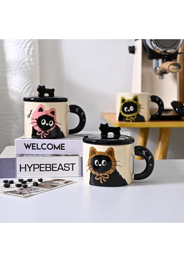 Suofeng Kedi Desenli Seramik Kupa - Kahve/bardak 370ml Dayanıklı Ev/ofis Kullanımı Kahve Severler İçin Kahve Fincanı Kahverengi