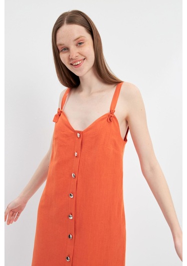 Stella Pulvis Turuncu Askılı Keten Mini Elbise Turuncu