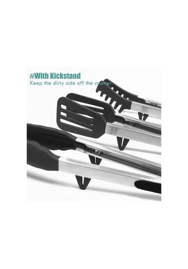 Springsun 3 Parça 30cm Paslanmaz Çelik Mutfak Kelepçesi, Silikon Uçlu Izgara, Makarna Ve Salata Bufetleri İçin Siyah