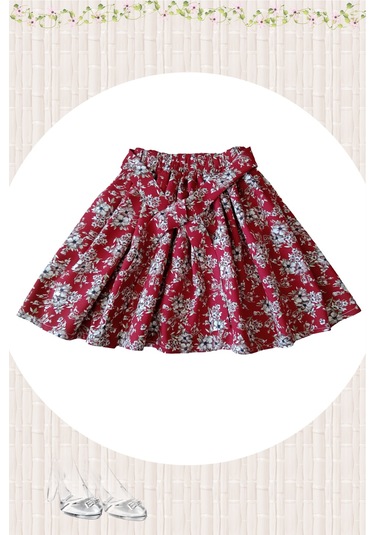 Çiçek Desenli Çocuk Etek - Koyu Kırmızı Renk Tonunda Koyu Kırmızı