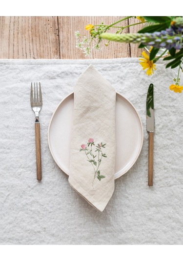 4'lü Kır Çiçeği İşlemeli Peçete Seti, Doğal Keten Peçeteler Naturel