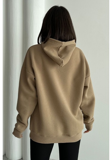 Kadın Vizon Charlie Luciano Baskılı Oversize Kapüşonlu Sweatshirt M