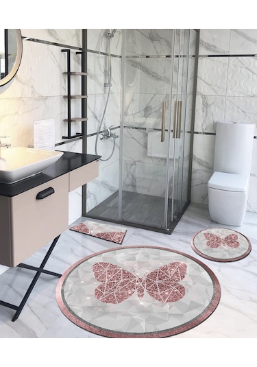 Kelebek- Pembe, Kaymaz, Organik Pamuk Taban Yuvarlak Banyo Hal...-100X100-60X60-40X60 Cm 3'Lü Set Çok Renkli