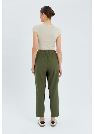 4566 Kadın Lastikli Bel Keten Pantolon Haki Haki