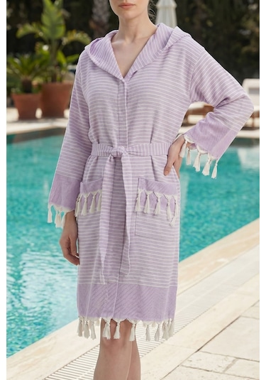 Kapşonlu Unisex Peştemal Plaj Bornozu %100 Pamuklu Seaside Stripe Lila