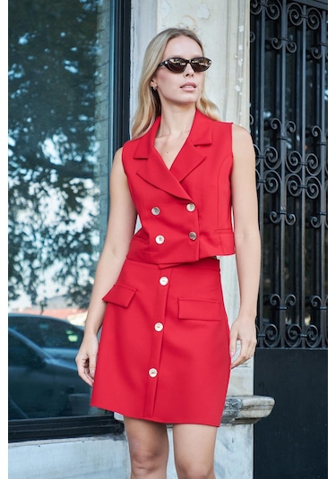 Kadın Diz Üstü Yüksek Bel Önü Düğmeli Cep Kapaklı Hafif Likralı Kumaş Çan Etek-kırmızı Kırmızı