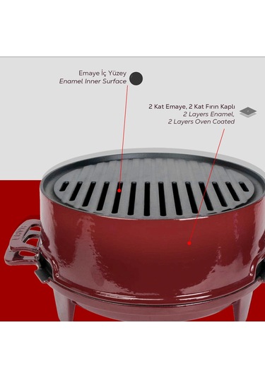 Lava Döküm Yuvarlak Mangal Izgara Set Döküm Demir Yekpare Çift Kulplu Çap Ø 36cm. Bordo