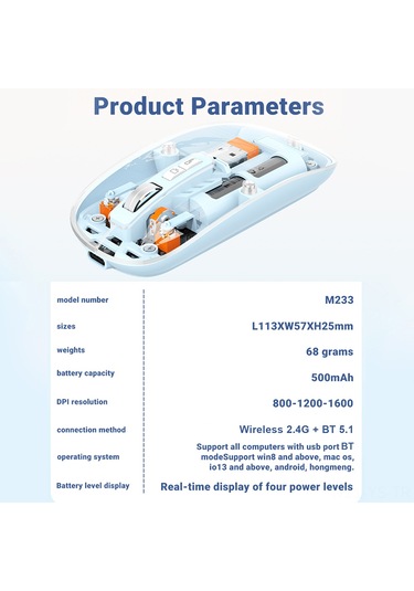 Yunboo M233 Şeffaf Kablosuz Şarj Edilebilir 2.4g Fare - Turuncu Diğer