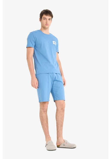 Defacto Pijama Takımı Baskılı Kısa Kollu Üst Şort F6185ax25spbe88 Mavi