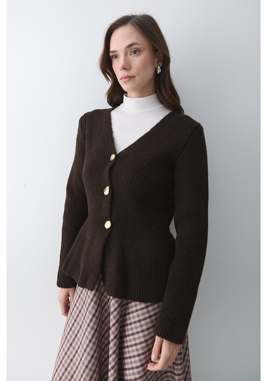Kahverengi 3 Düğmeli Pileli Hırka - 251065 Kahverengi