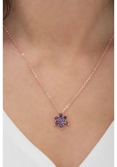 Ervanur Rose Altın Kaplama Mor Taşlı Lotus Çiçeği Kadın Kolye Mor