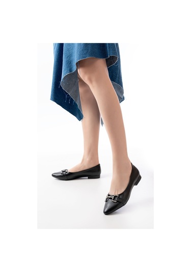 Aska Shoes İnf-133 Taşlı Tokalı Günlük Kadın Babet Siyah