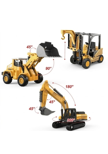 Diecast Oyuncak Metal İnşaat Araçları,iş Makineleri Seti Kepçe Bulldozer Forklift 4'lü Set Kutulu Sarı