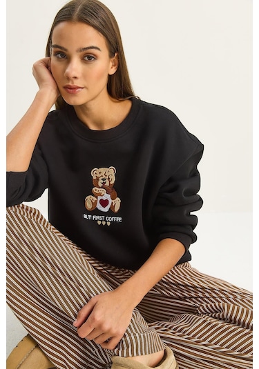 Shade Kadın Teddy Nakış Detaylı Üç İplik Şardonlu Sweatshirt 60601044 - Siyah