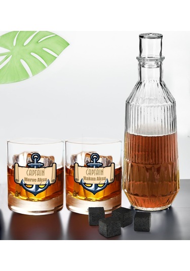 Bk Gift Kişiye Özel İsimli Dtf Kaptan Tasarımlı İkili Viski Kadehi, Viski Taşı Ve Karaf Seti-3, Arkadaşa Hediye, Sevgiliye Hediye Kobitmeyencom30452 B