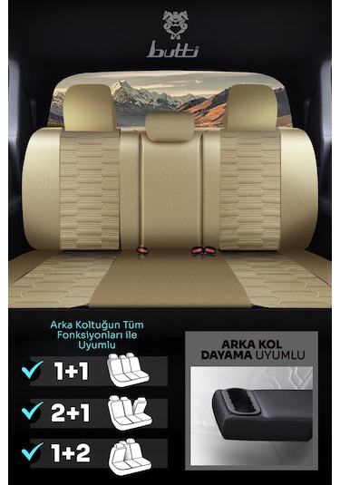 Bej - Bej Butti Libro Serisi Premium Oto Koltuk Kılıfı Destekli, Ön Arka Tam Set, Aırbag Uyumlu