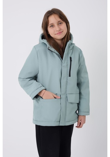 Kız Çocuk Mint Yeşili İçi Kürklü Su Ve Rüzgar Geçirmez Kapüşonlu 3 Cep Kışlık Mont & Kaban & Parka Mint Yeşili