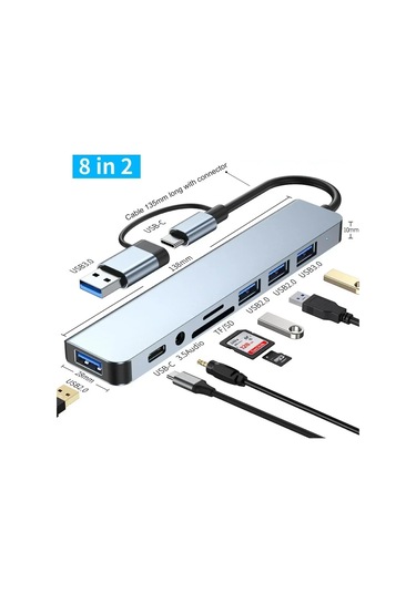 Snapbuy Usb Type C Hub 8'li 2 Bağlantı İstasyonu - 3.5mm Ses, Mikro Sd Okuyucu, Dizüstü/tablet/telefon Dönüştürücü Gümüş