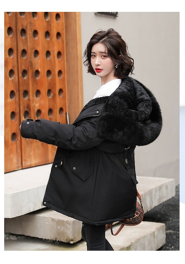 Snapbuy Kalın, Yumuşak Dolgulu, Midi Boy, Kapüşonlu, Kürk Detaylı Kadın Mont Siyah