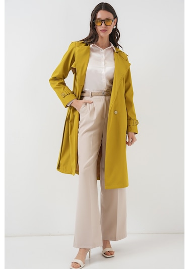 5918 Kruvaze Yaka Trençkot - Yağ Yeşil Yeşil