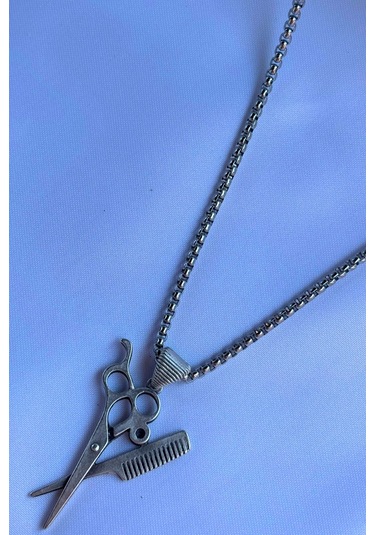 Tarak Makas El İşçiliği Paslanmaz Çelik Zincir Erkek Kolye Gümüş