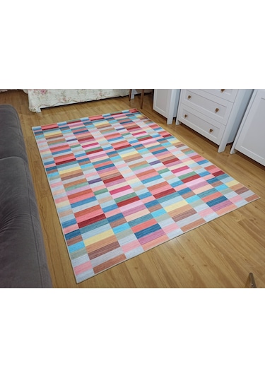 Modern Renkli Blok Desenli Geometrik Halı - 12439ou Pembe