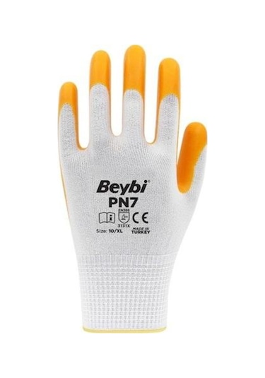 Beybi Pn7 Polyester Örme Nitril Iş Eldiveni Sarı – Beyaz 1 Çift