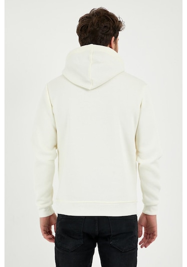 Erkek 3 İplik Pamuklu İçi Polarlı Regular Fit Nakışlı Kapüşonlu Kanguru Cepli Ekru Sweatshirt Ekru