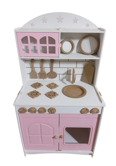 İki Kapaklı Boyalı Ahşap Oyuncak Mutfak