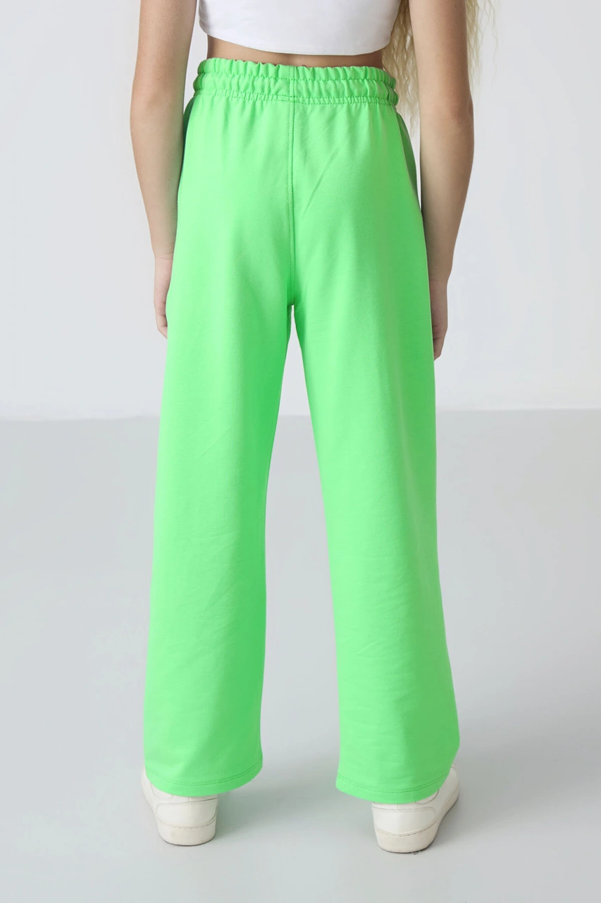 Neon Yeşil Cepli Ön Dikiş Detaylı Geniş Paça Kız Çocuk Eşofman Altı -75144 Neon Yeşil